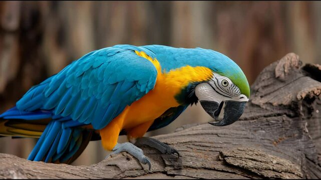 Blue and yellow macaw and colorful parrot perched textured tree branches with vibrant feathers, sharp beak, detailed plumage, claws, showcasing exotic tropical bird beauty natural forest environment