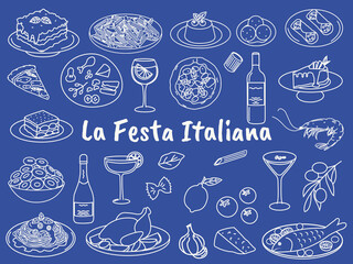 Hand drawn Italian cuisine illustrations. Lasagna, pizza, pasta, tiramisu, olives, wine, cheese, seafood, cannoli, and Italian desserts. Traditional Mediterranean dinner doodles. 