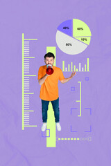 Vertical pop poster banner collage of happy businessman businesswoman stand megaphone graph diagram...