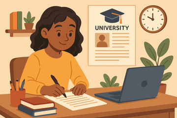 University Application Preparation Student Writing Personal Statement at Desk with Laptop Books Plants Clock Academic Success Vector Illustration Education Admission Concept