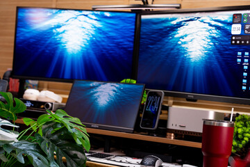 A detailed view of a modern and organized workspace, showcasing dual monitors displaying dynamic blue visuals, complemented by indoor plants and a collection of mechanical keyboards.