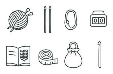 Knitting supplies line icons set – yarn, craftsmanship tools, knitting essentials