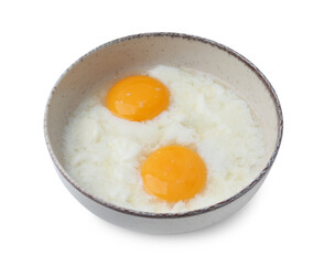 Half-boiled eggs in bowl isolated on white. Traditional asian breakfast