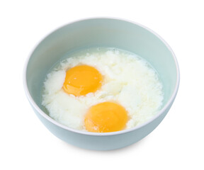 Half-boiled eggs in bowl isolated on white. Traditional asian breakfast