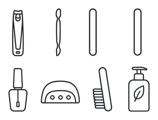 Obraz premium Nail care essentials icons set – outline, manicure and grooming symbols