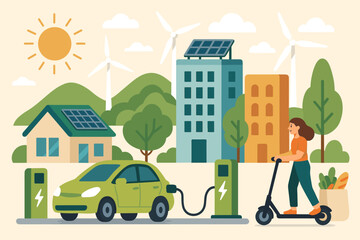Sustainable urban living concept with electric car charging, eco-friendly scooter, solar panels, wind turbines, renewable energy, green city landscape, clean transportation, environmental conservation