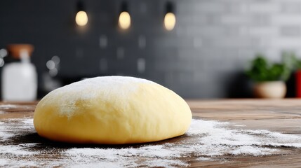 A perfectly formed ball of bread dough sits dusted with flour on a rustic wooden kitchen counter ready for baking in a cozy kitchen setting.