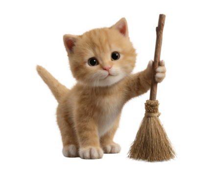 A charming orange kitten holds a small broom, ready to start cleaning.