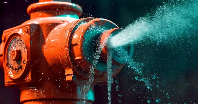 Close-up of a fire hydrant releasing a powerful stream of water at night.