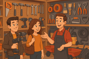 Friendly hardware store interior with salesman assisting customers, power tools, hand tools, equipment display, DIY home improvement, cartoon vector illustration, retail shopping scene