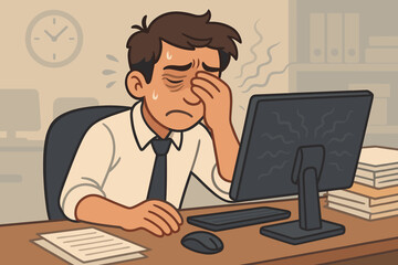 Stressed office worker suffering eye strain and fatigue from excessive computer screen time. Overworked employee at desk with paperwork, monitor glare, digital burnout, workplace exhaustion concept
