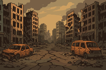 Post-apocalyptic cityscape with crumbling buildings, destroyed vehicles, cracked streets, abandoned urban ruins, dystopian disaster scene, vector cartoon illustration