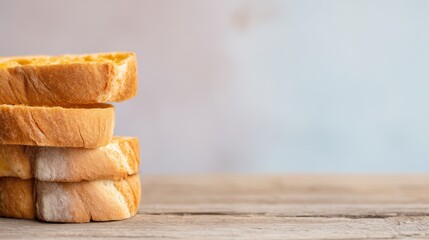 A delectable stack of four perfectly toasted bread slices sits on a rustic wooden table against a soft blurred background ideal for culinary websites and food blogs.