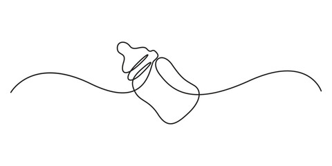 Continuous one line drawing illustration of a baby bottle, isolated on white background. Line art of baby bottle, Simple one line drawing Baby bottle, Minimalist child care vector illustration