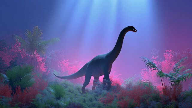 Slow-Moving Dinosaur in Neon Jungle Mist