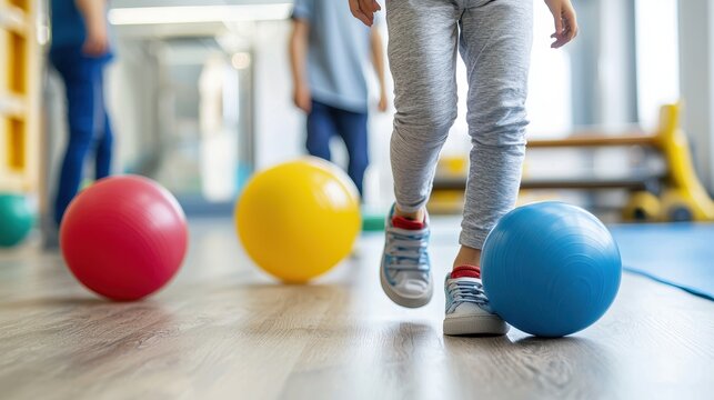 A young child playfully maneuvers around colorful exercise balls du a fun physiotherapy session in a bright and spacious rehabilitation center.