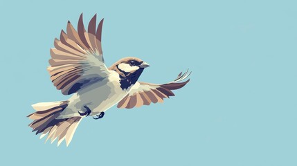 Obraz premium A stylized sparrow in flight against a light blue background.