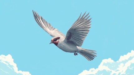 Obraz premium White bird in flight against a pale blue sky with fluffy clouds.