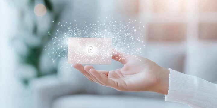 Hand holding a credit card with a glowing digital padlock icon and network connections, symbolizing secure online payment, data encryption, and modern fintech protection.