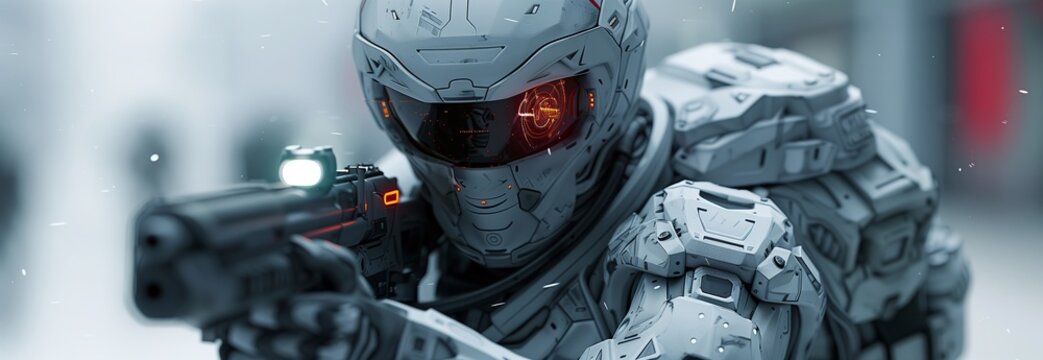 A futuristic soldier in advanced armor, prepared for action in a high-tech environment amidst falling snow.