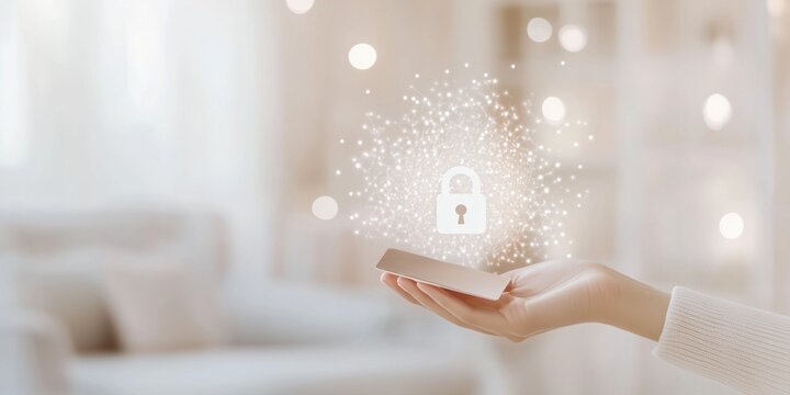 Hand holding a credit card with a glowing digital padlock icon and network connections, symbolizing secure online payment, data encryption, and modern fintech protection.