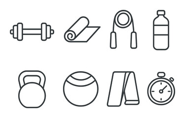 Fitness equipment line icons set – simple exercise, workout and training symbols