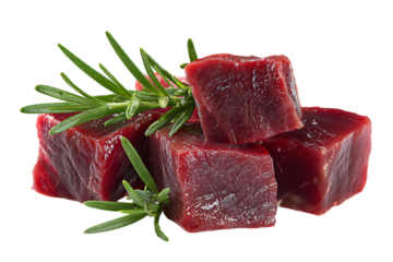 Close up of fresh, raw beef cubes garnished with rosemary sprigs.
