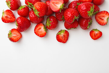 Fresh ripe strawberries on white background, flat lay. Space for text