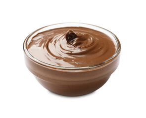 Tasty chocolate butter in glass bowl isolated on white