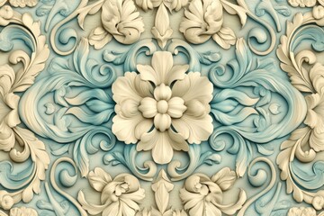 Ornate, embossed floral pattern in cream and teal.  Intricate carvings of flowers and scrolls create a decorative backdrop