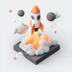 Isometric rocket launch graphic.  A stylized rocket, orange and white, blasts off from a dark gray base.  Fluffy white smoke trails from the rocket's nozzle.  