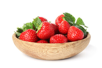 Fresh whole strawberries and leaves in bowl isolated on white