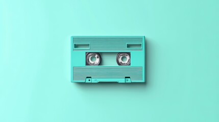 Teal audio cassette tape on a mint green background.