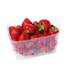 Fresh ripe strawberries in plastic container isolated on white