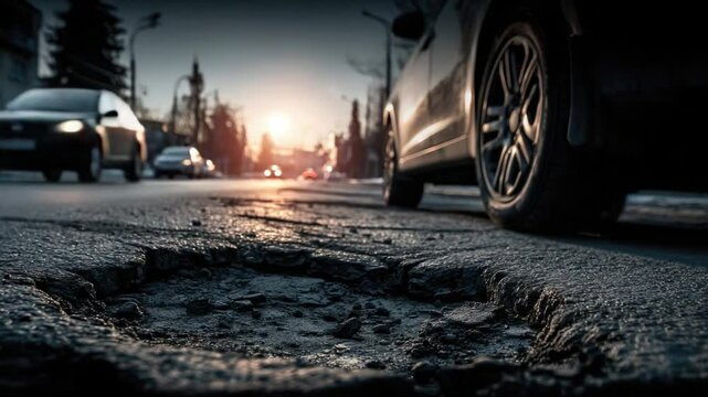 Urban Setting With Pothole and Sunset, Car Tire on a Busy Street, City Infrastructure, Traffic Scene