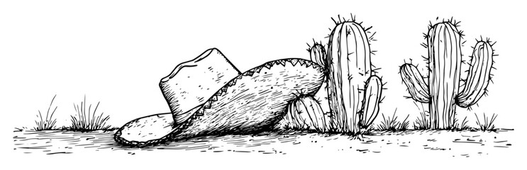 cowboy hat and cactus in desert western sketch illustration © Kaz