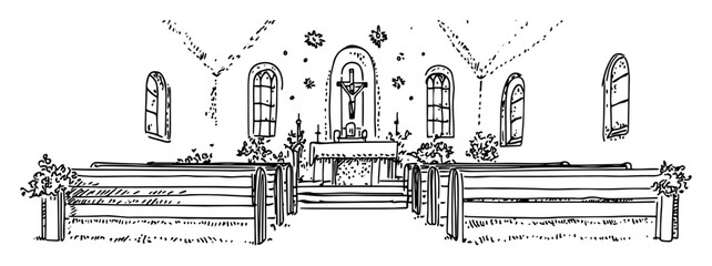 hand drawn church interior vector line art illustration