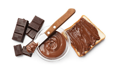 Tasty chocolate butter in glass bowl, pieces, knife and sandwich isolated on white, top view