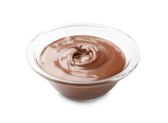 Tasty chocolate butter in glass bowl isolated on white