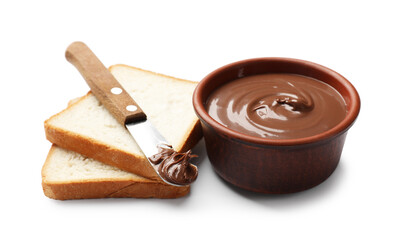 Tasty chocolate butter in bowl, slices of bread and knife isolated on white