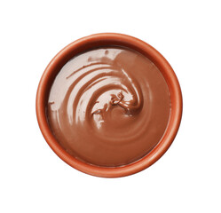 Tasty chocolate butter in bowl isolated on white, top view