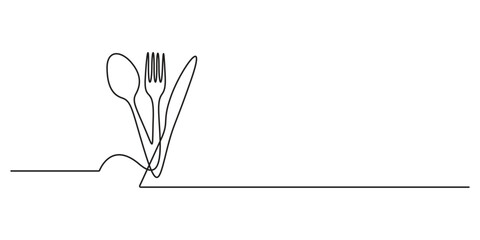 Continuous one line vector illustration of spoon, fork, and knife as elegant kitchen cutlery on white background vector illustration