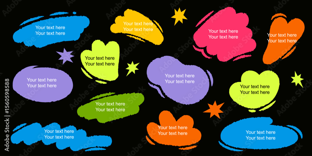 Fototapete neon color shapes for text blocks on black background. hand drawn speech bubbles, bright simple tren