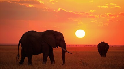 Obraz premium African Elephant Herd Silhouetted Against Golden Savanna Sunset, Majestic Wildlife Scene with Acacia Trees and Dust Haze in Serengeti Landscape, Empty Horizon Space