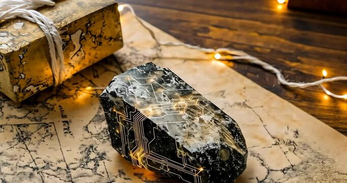 A dark rock with glowing circuits on an old map with warm lights, hinting at a hidden technological discovery.