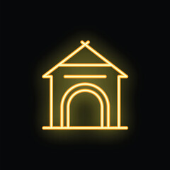 Bright yellow neon icon of a wooden doghouse is glowing on a black background