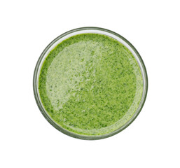 Glass of healthy spinach smoothie isolated on white, top view