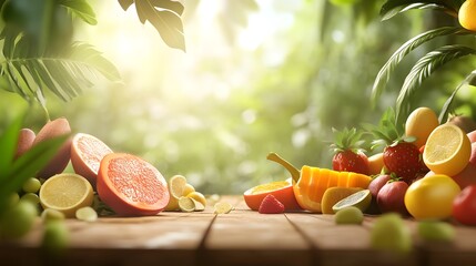 Colorful assortment of fresh fruits and vegetables on a wooden surface.