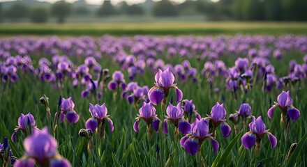 Obraz premium Vibrant Purple Iris Field at Sunset A Stunning Floral Landscape