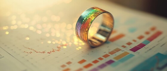 A colorful ring rests on a document with charts and graphs.  Bokeh highlights the ring and paper